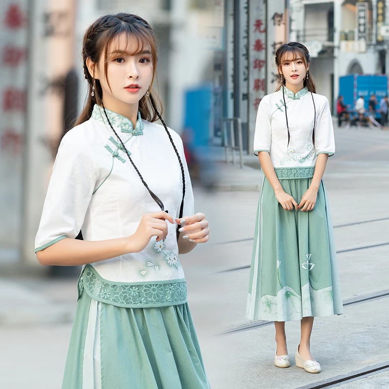 Cheongsam блузка китайский стиль девушка кружева сплайсинга крашения двух частей