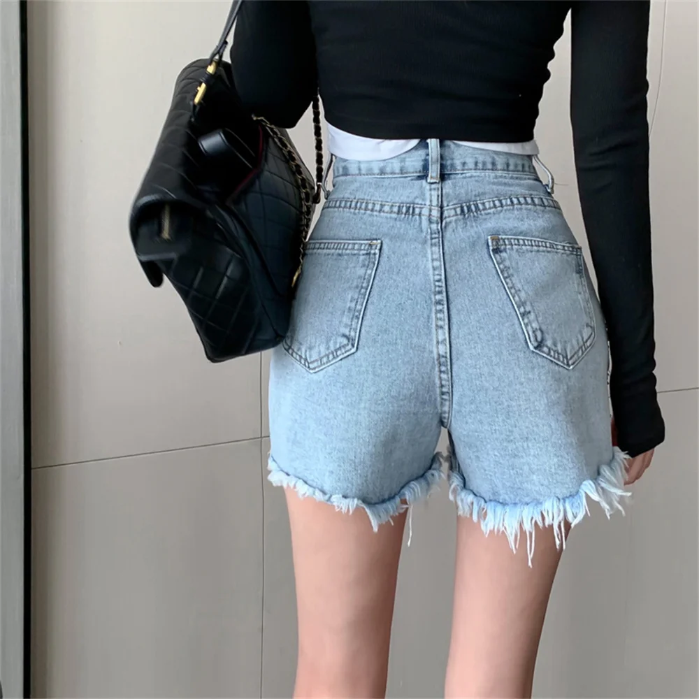 

Chain Hole Cowboy S-XL Girl Wide Femme 2021 All Match Summer Jeanswear Streetwear Sexy Plus Size Women Denim Shorts