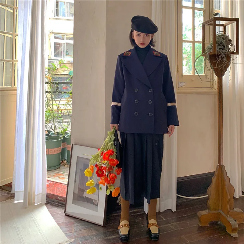 

Real Shot 2020 Autumn New Korean Version Of High-End Fashion Design Retro Navy Blue Loose Casual Suit Jacket Women