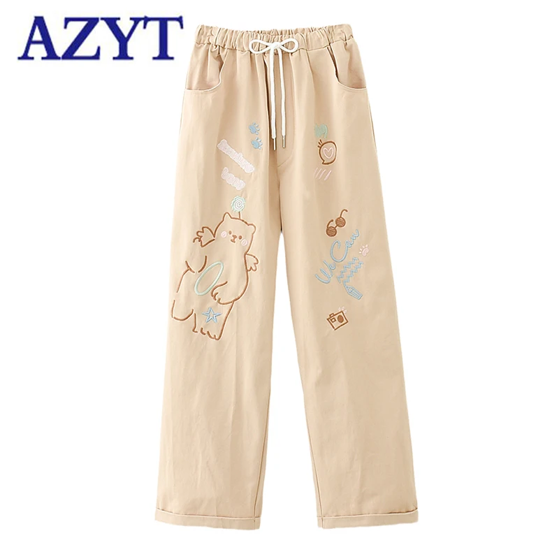 

AZYT Autumn Loose Woman Pants 2021 Japanese Cartoon Embroidery Straight Pants Female Casual Streetwear Cargo Pans For Women
