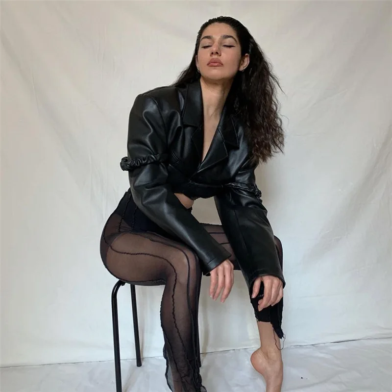 Women PU Leather Jacket Short Button Coat Slim Cardigans Moto Biker Jackets Oversized Tops Outwear