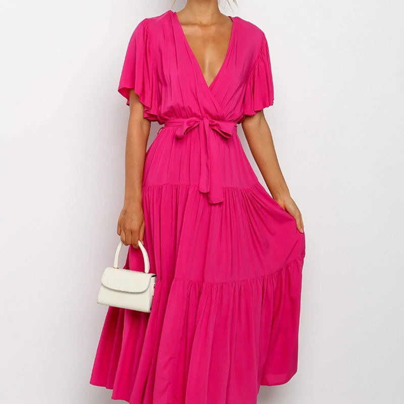 

Dress Women New Arrive Spring V Neck Cross Belt Tunic Solid Color Fashion Casual Ankle Length Dresses 2021