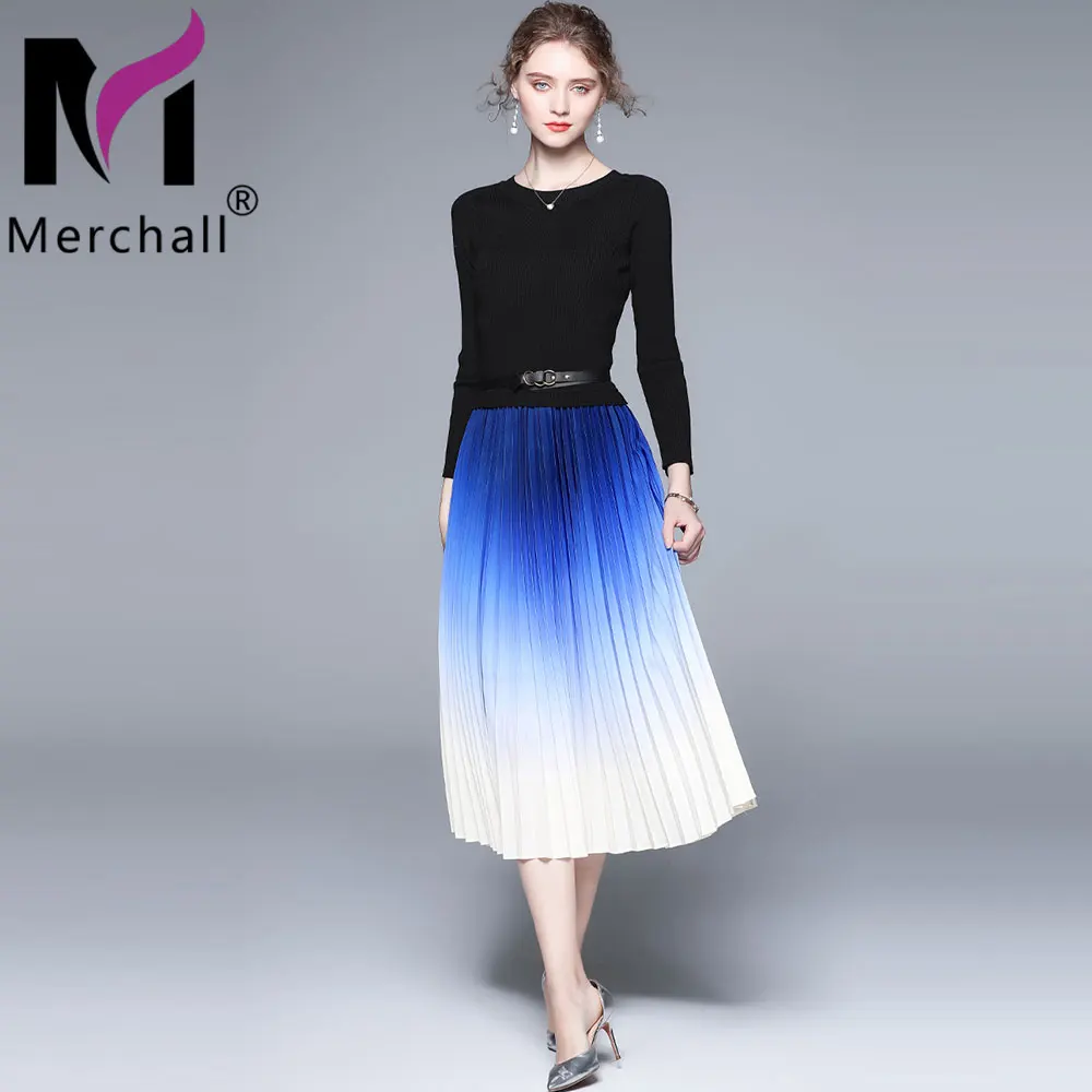 

Merchall Fashion Gradient Color Knitted Pleated Dress Women's O Neck Long Sleeve A Line Autumn Winter Sweater Party Dress M77078