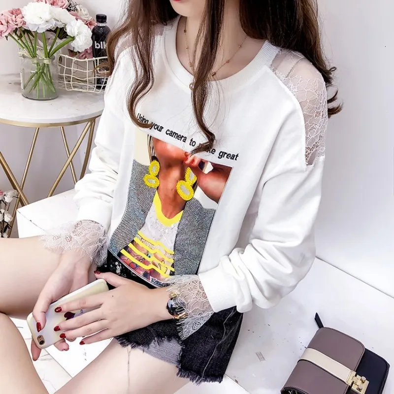 Новинка 2020 кружевная Толстовка с длинным рукавом Женская Осенняя мода свободный