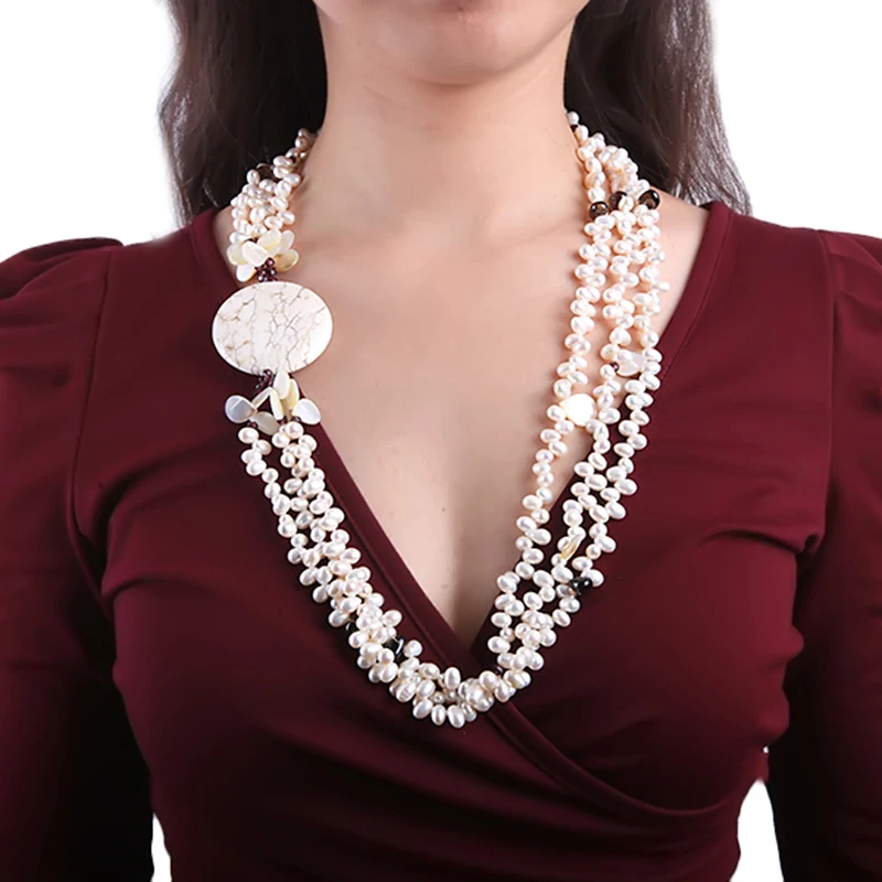 

JYX Newest Style Amazing White Round Turquoise Necklace with 8*9mm pearls chain 31" crystal pretty gift women lady