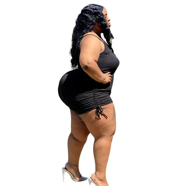 

2021 Summer Women Solid Color Short Jumpsuits High Stretch Lady's Plus Size Sleeveless Spaghetti Strap Lace-up Casual Rompers