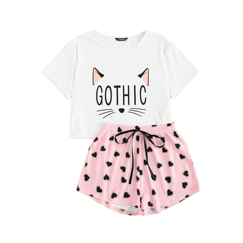 SHEIN Kat футболка с принтом эластичные шорты повседневная одежда костюм для пижамы