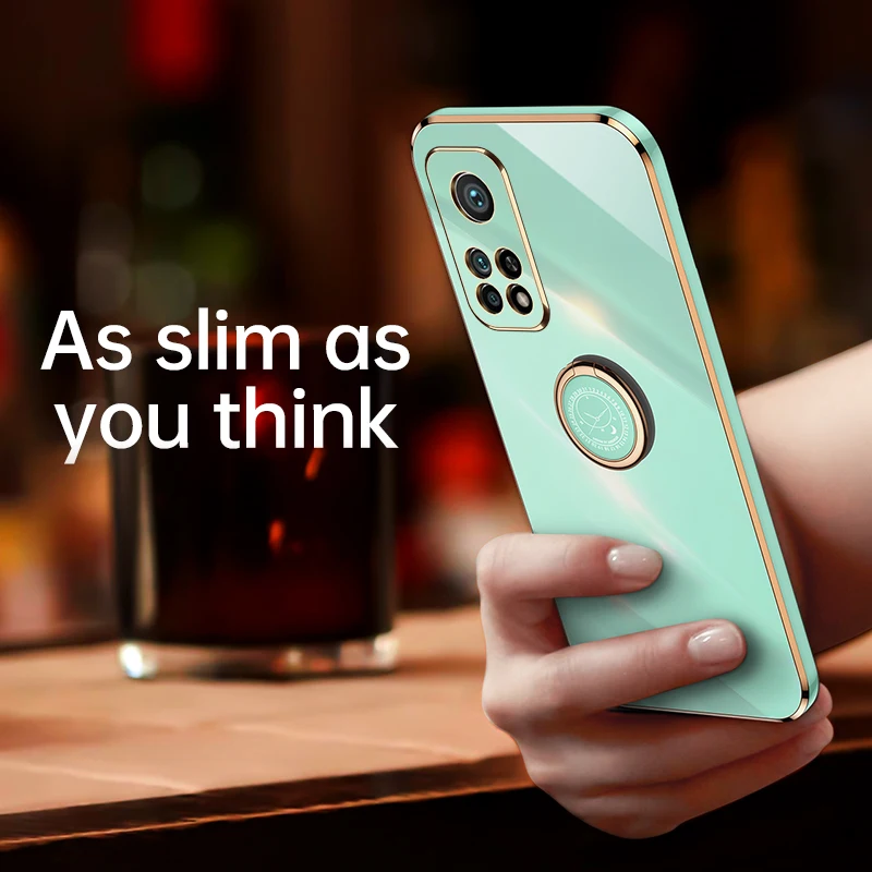New Green Full Cover Case For Xiaomi Mi 10t Pro 5G Mi10t Xiomi 10 T 10tpro Plating Square Silicone Ring Holder Stand Cover Case