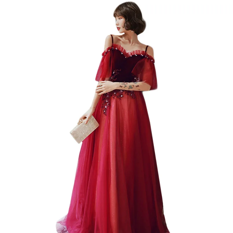 

Wine Red Suspenders Toast Dress Bride 2021 New Wedding Engagement Evening Dress Women Sexy Elegant Banquets Prom Dress A130
