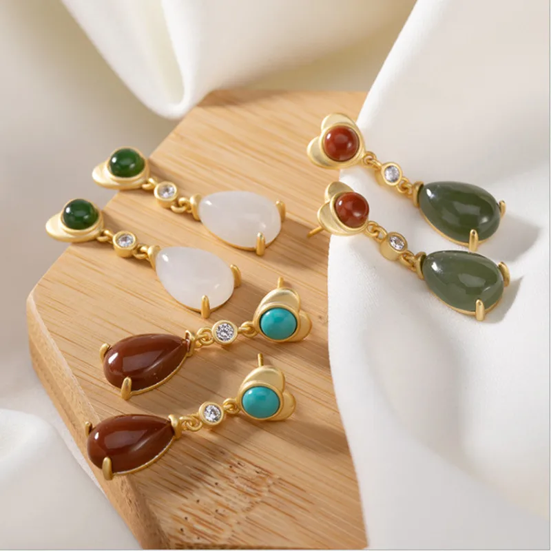 

Uglyless Turquoise Bohemia Gold Dress Earrings Women Water Drop Agate Jade Earrings 925 Silver Vintage Jewelry Gemstone Brincos