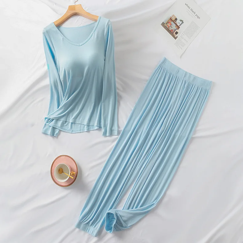 Modal Pajamas Women's Summer Housewear Set with Bra Cushion Casual Solid Color Nightwear Long Sleeve Trousers Sleepwear Lingerie