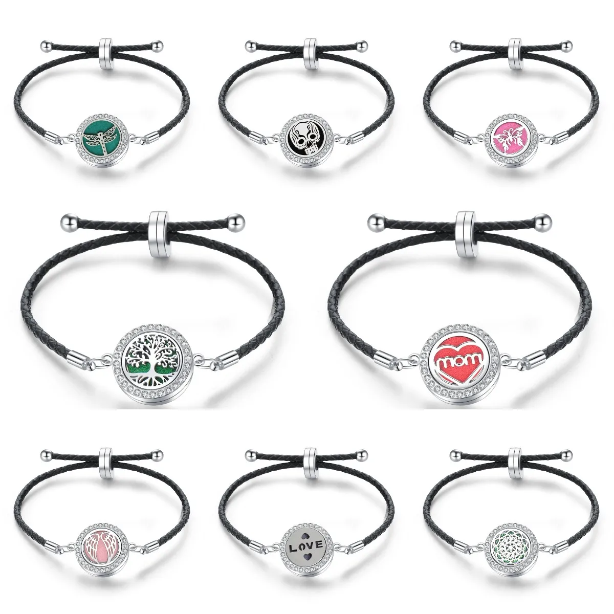 

10Pcs/Lot Aromatherapy Bracelet Black Leather Essential Oil Diffuser Locket Bracelets Stainless Steel Aroma Perfume Bracelets