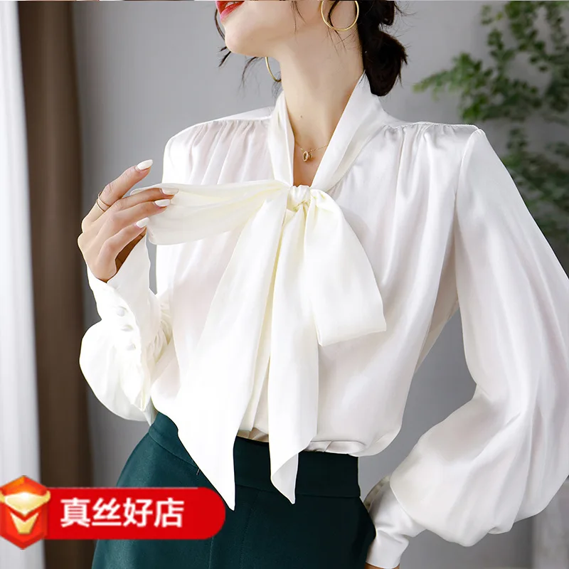 

white ribbon mulberry women silk blouse high quality long sleeve oversize sexy fashion office dress shirts cloth dropship