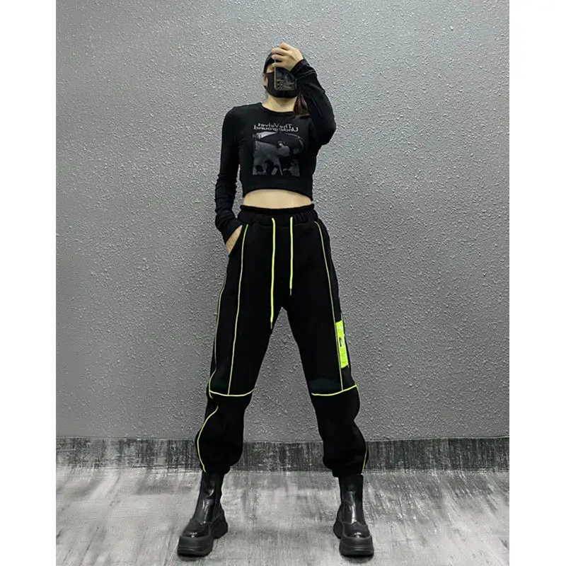 

Tide brand cool luminous pants women's spring and autumn new high waist loose slimming toe reflective strip casual Joker pants