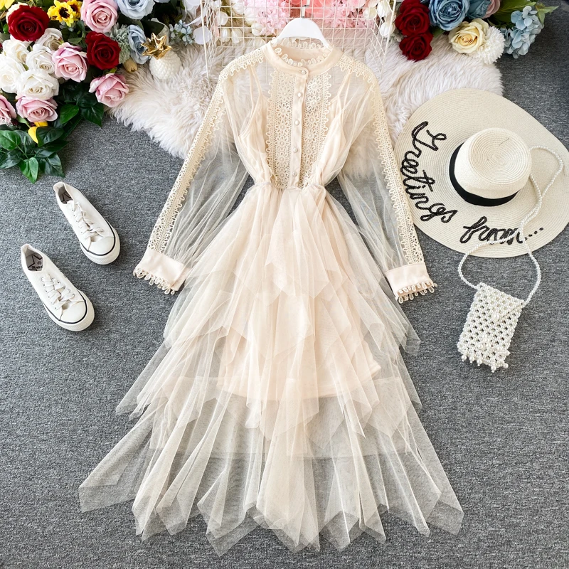HISUMA 2020 spring New Women's lace Spliced mesh layer ruffles puff dress female elegant fairy irregular dresses two piece set | Женская