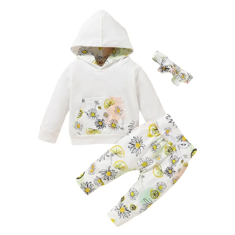 

Осенняя толстовка с капюшоном и длинными рукавами с цветочным принтом для маленьких девочек, штаны повседневный комплект с повязкой на гол...