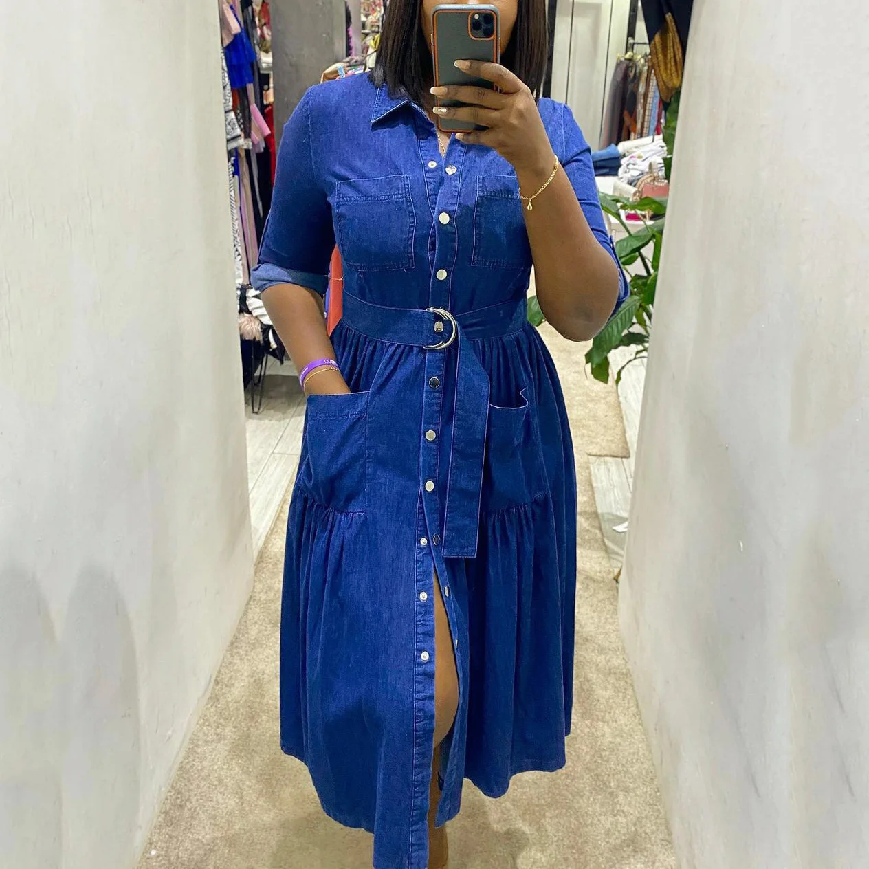 

African Jeans Dresses For Women Fashion New Africa Single Breasted A Line High Waist Elegant Official Business Work Office Dress