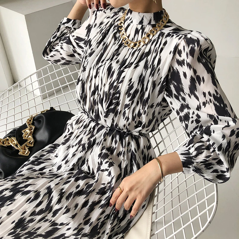 

Vintage Long Dress Popular Full Sleeve 2021 Spring Fall New Loose A-Line Printed Leopard Pleated Women Dress Elegant Dress s640