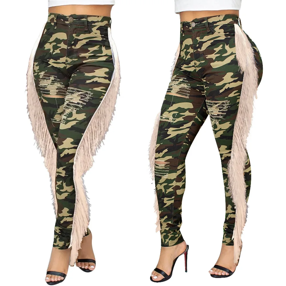 Hot new popular women long pants side ripped tassel sexy trousers camouflage print high waist LS3680 |