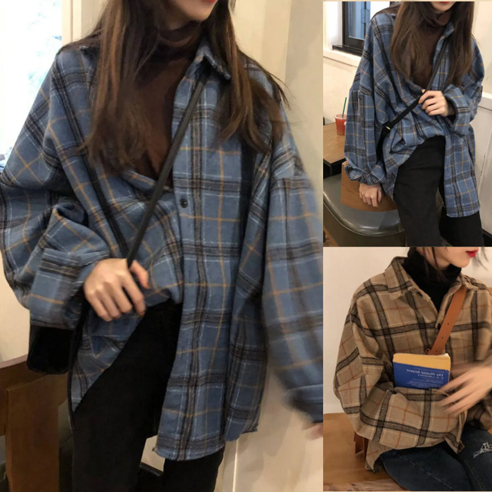 

Ladies Casual Plaid Long Sleeve Shirt Autumn Korean Style Loose Mid-length Button Cardigan Top Clothing Lover's Clothing Gift