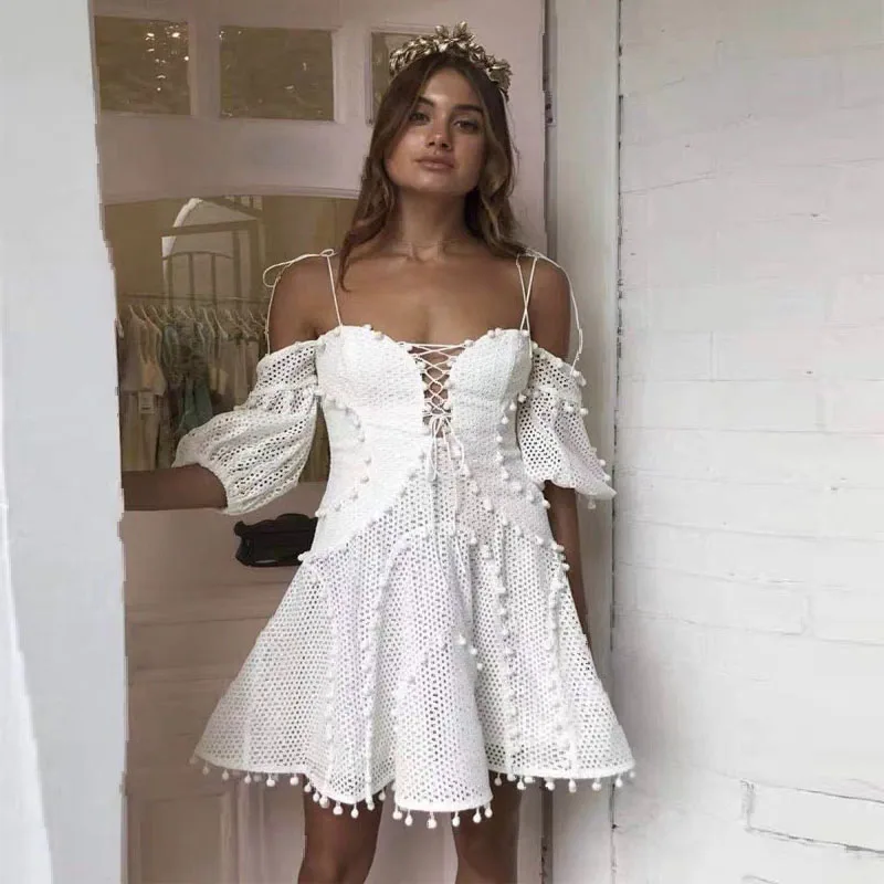 Женское платье Автопортрет на бретельках белое свободное ТРАПЕЦИЕВИДНОЕ мини