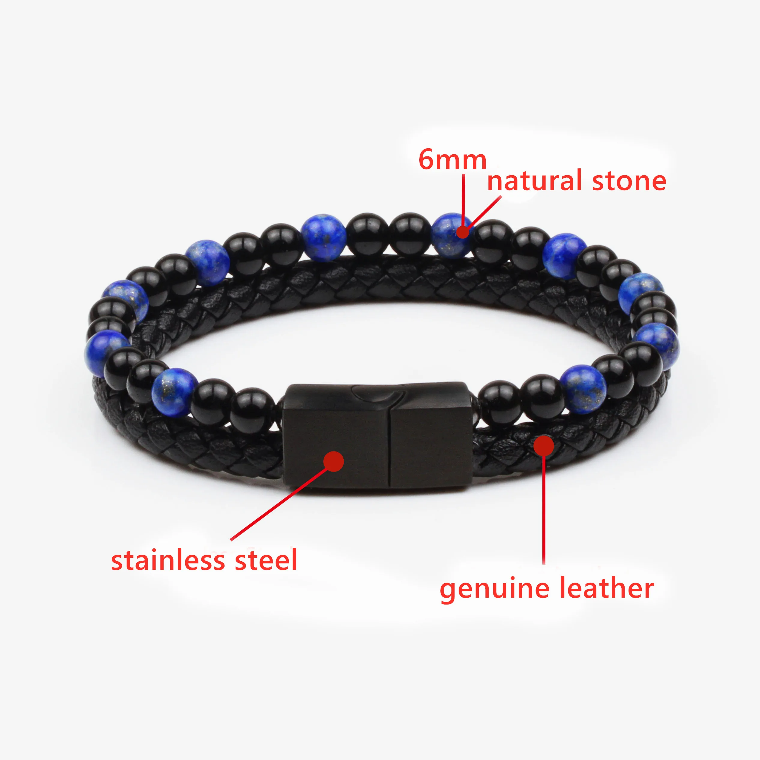 

Fashion Natural Stone Genuine Leather Bracelet Men Black Stainless Steel Magnetic Clasp Tiger Eye Beads Charm Bracelets Jewelry