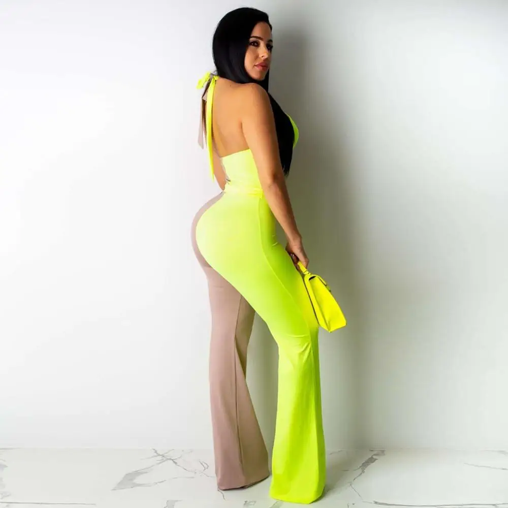 Женский неоновый комбинезон в стиле пэчворк летний клубный с открытой спиной и