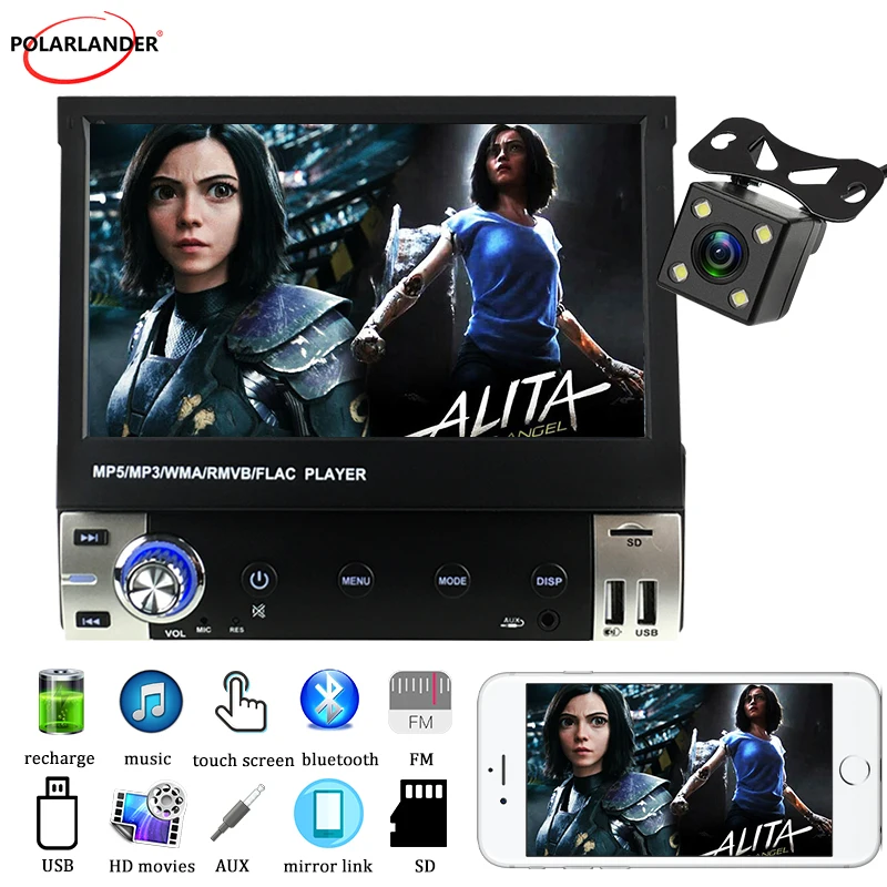 1 Din 7 Inch Car Radio MP5 Bluetooth Full Touch Audio Video Manual Retractable Screen Mobile Phone Interconnection 12V | Автомобили и