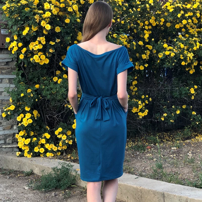 

Solid O-neck Short Sleeves Lacing Dresses Women Casual Pockets Simple Dress Summer Ladies Fashion Breathable Dress