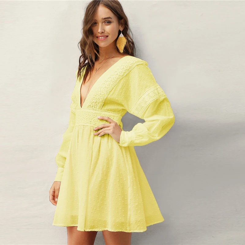 SHEIN Жаккардовое Платье С V-Образным Глубоким Вырезом И Кружевом Женское Весеннее Богемное Платье С Длинными Рукавами