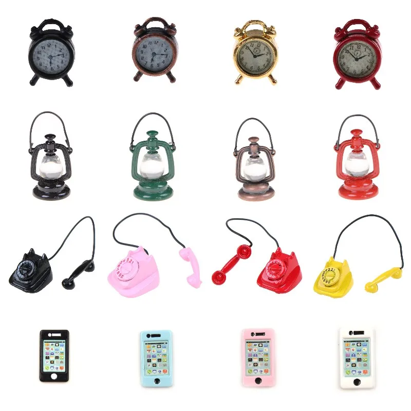 

Мебель для кукольного домика, игрушки, украшение для кукольного дома, аксессуары, мини Будильник, Ретро лампа, кукольный домик, телефон, сото...