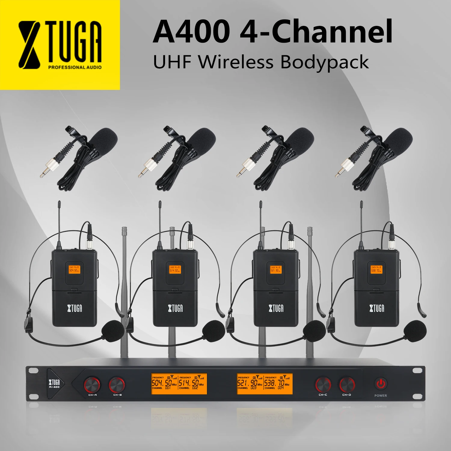 XTUGA, A-400, металлический материал, 4-канальный UHF беспроводной микрофон, система с 4 поясными частями для сцены, церкви, семьи, вечерние, маленькие, караоке