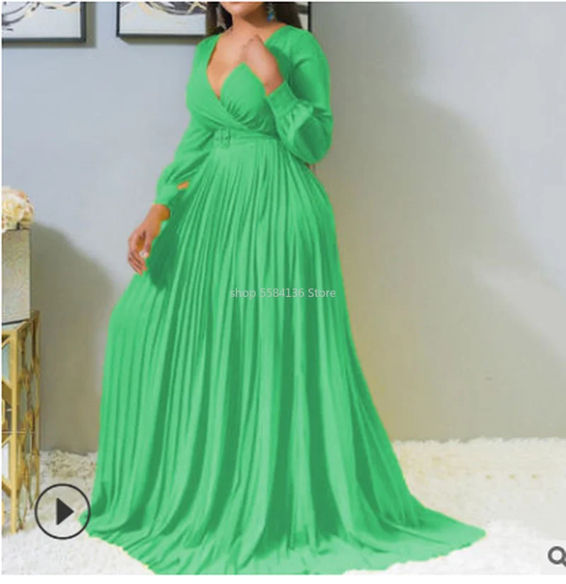 Женское платье Макси плиссированные платья с завышенной талией поясом и v