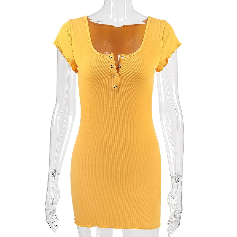

Women's Sexy Solid Color Knitted Skinny Slim Elastic Button Short Sleeve Square Collar Summer Casual Dress 2021 Newest Trendy