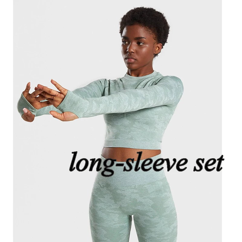 longsleeve set green Камуфляжной расцветки, Йога Комплект Для женщин бесшовные Фитнес бюстгальтер для йоги со спортивным бюстгальтером с рисунком камуфляж Высокая Талия тренажерный зал легинсы, штаны для фитнеса костюм тренировки - Цвет: longsleeve set green