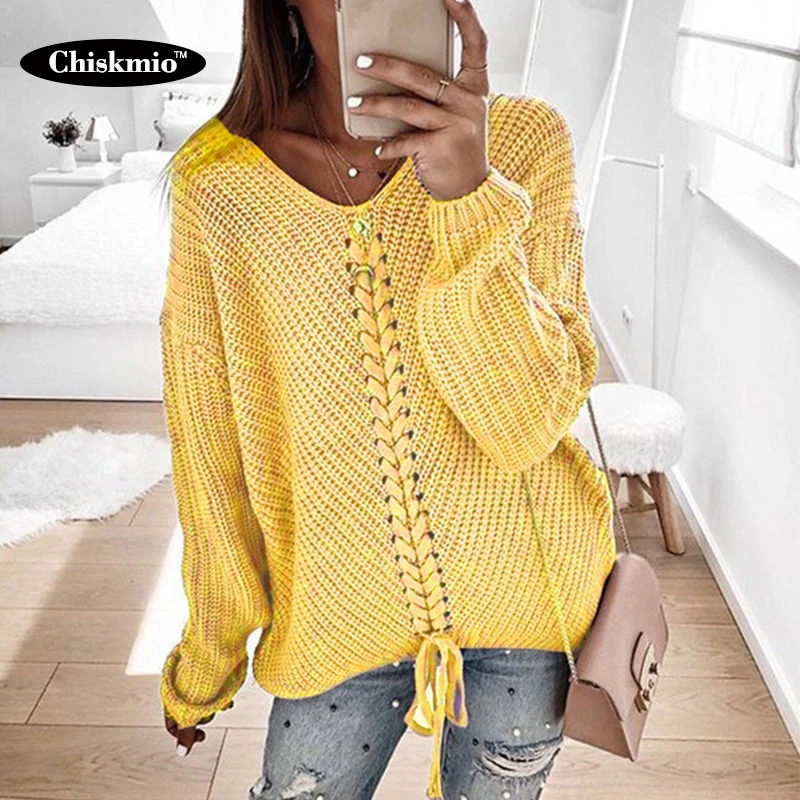 

Chiskmio Lace-Up Design V-neck Sweater Women Warm Long Sleeves Oversize Knitwear Pullovers Jumper Sueter Mujer Winter Clothes