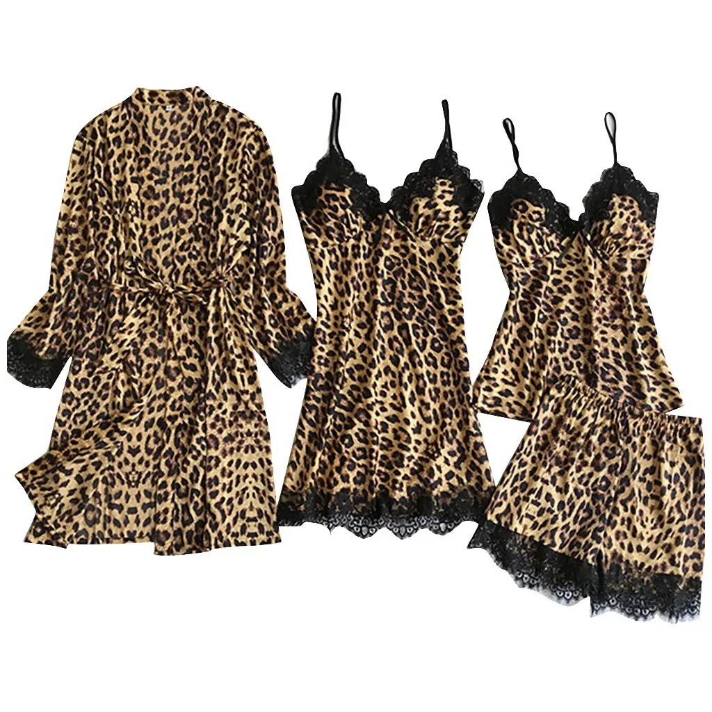 

Sexy 4-piece Satin Silk Pajamas Women Nightdress Lingerie Robes Underwear Sleepwear Sexy Leopard Sleepwear married Set платье