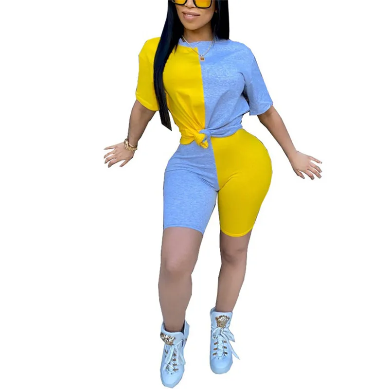 

2Pcs/Set Women Sports Suit Patchwork Tops Short Pants Workout Clothes Tracksuit Fashion Summer Outfit Ladies Casual 2 Piece Suit