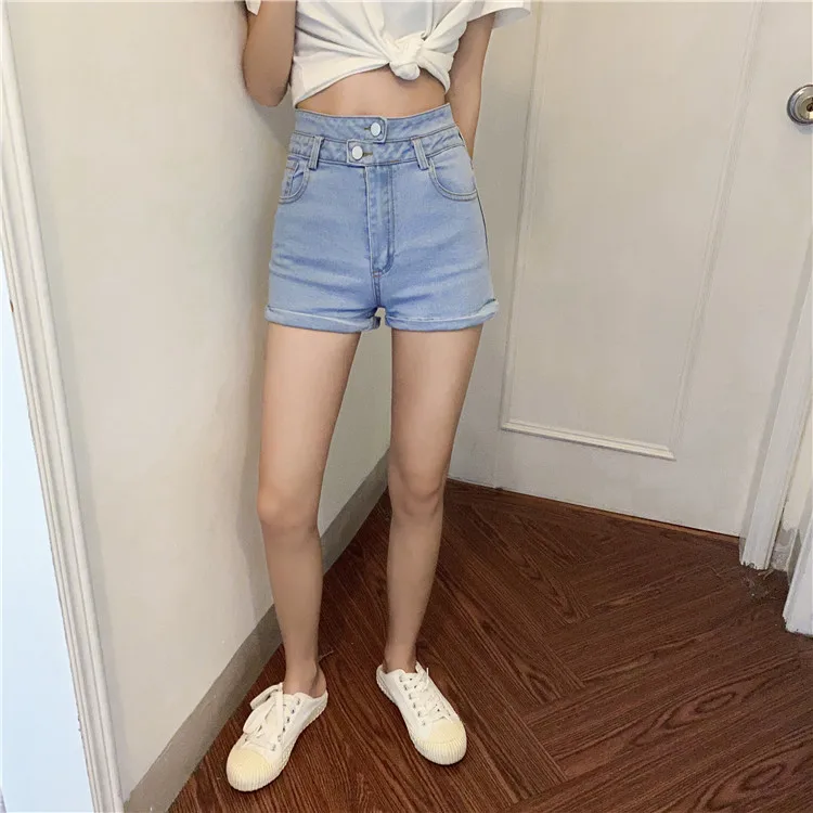 

2021 Summer Slim Denim Shorts Women High Waist Curled Blue Shorts Girls Elastic Basic Cotton Shorts Bottoms