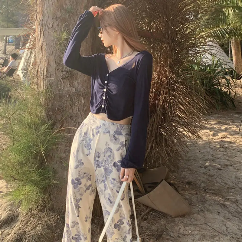 

Rose print drop wide leg pants women's summer 2021 new high waist loose straight tube slim pants casual pants