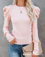 ladies long sleeved knitted shirt round neck slim fit autumn fashion ladies retro long sleeved t shirt top