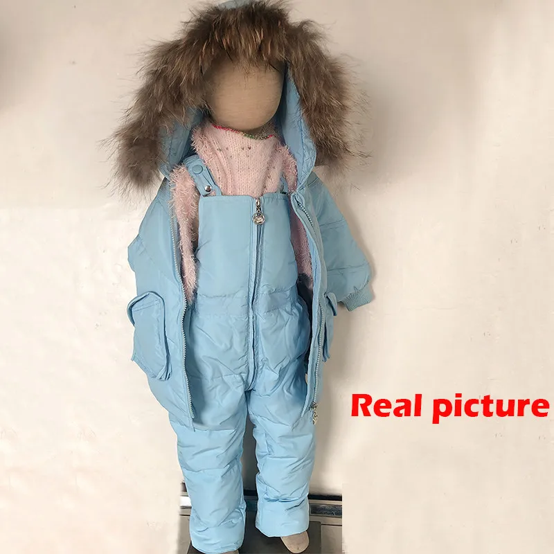 

2021 Real Fur Collar Kids Winter Down Jacket Baby Girls Warm Overalls Children Winter Down Clothing Sets Toddler Boys Down Coat