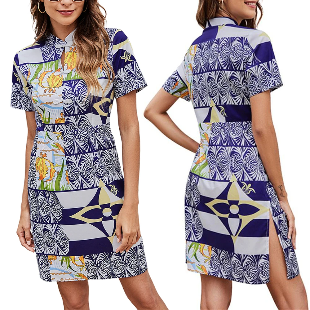 

Show Thin Temperament Fashion Sexy Style Mini Slit Summer Dress for Women Mandarin Collar Print Short Sleeve Sheath Lady Dress