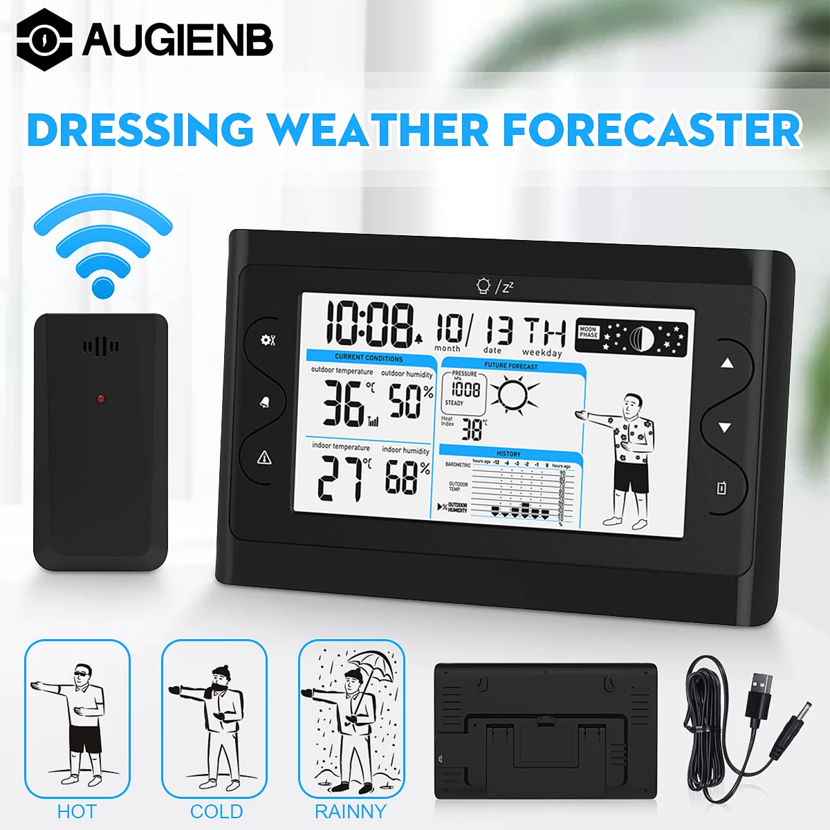

AUGIENB AUG-8639 LCD Weather Station + Outdoor Remote Sensor Thermometer Humidity Barometric Display Snooze Clock Calendar