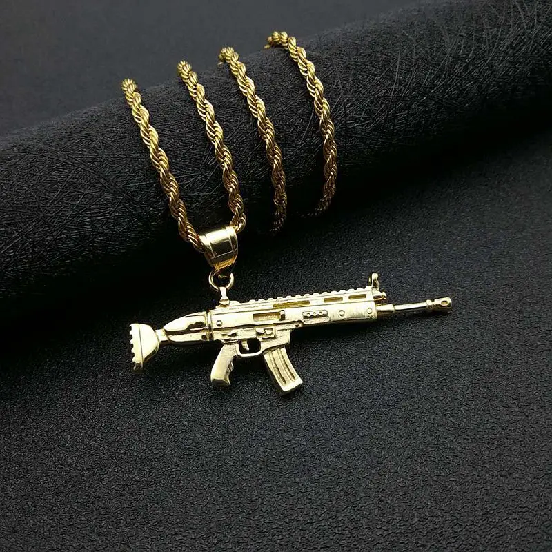 Hip Hop Gold Color Stainless Steel SCAR Rifle CS GO Gun Pendants Necklace for Men Rapper Jewelry Drop Shipping