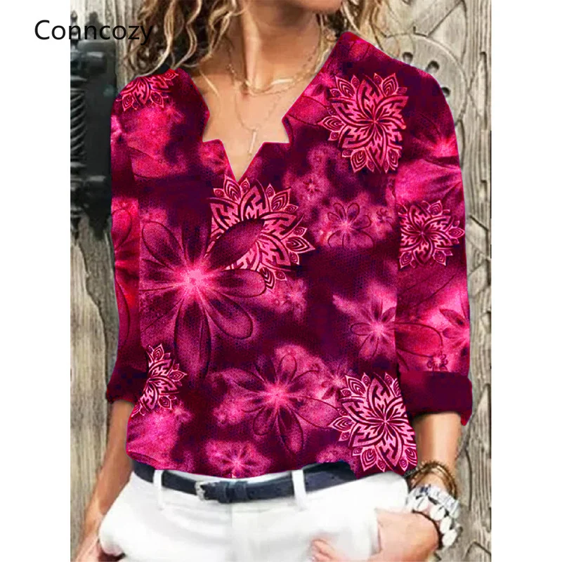 

Women's Fashion Long Sleeve Flower Print T Shirt Ladies Female V-neck Casual Blouse Loose Oversized Tops Vintage Clothes Woman