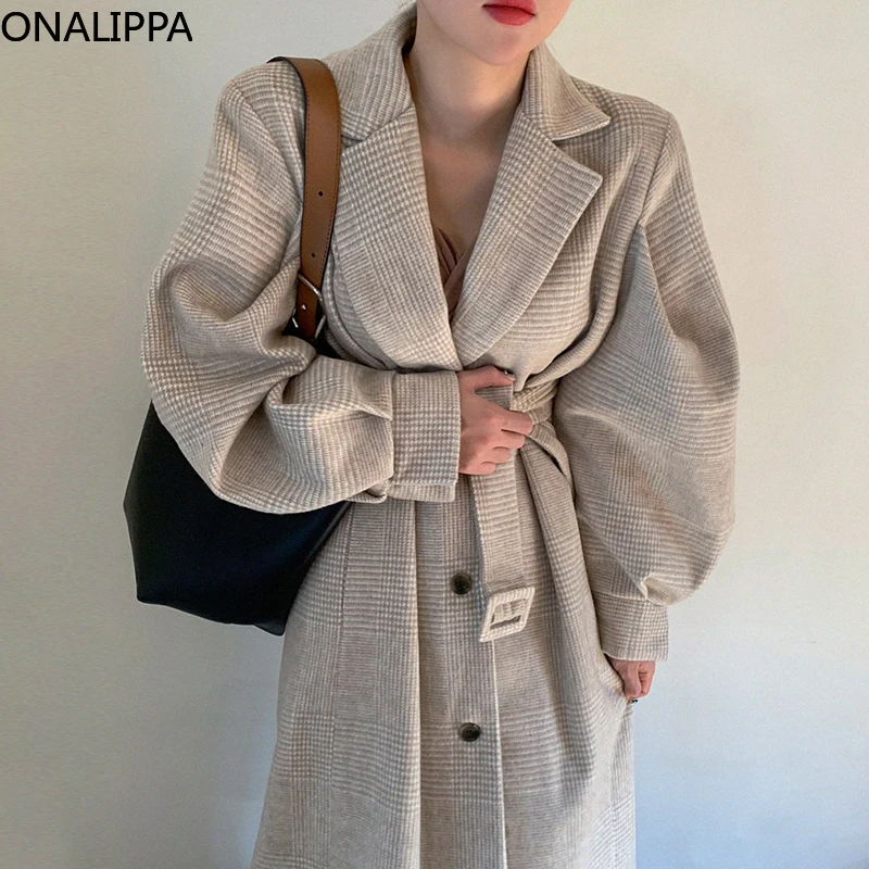 

Женское шерстяное пальто Onalippa с лацканами, однобортное шерстяное пальто с длинными рукавами и поясом, во французском стиле, Осень-зима 2021