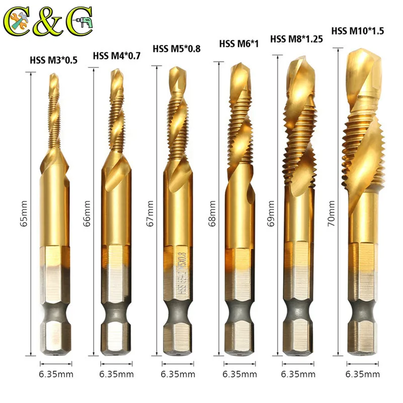 6pcs M3-M10 Combination Drill Screw Tap Bit Set 1/4'' Hex HSS 6542 Titanium Coated Thread Spiral Deburr Countersink Bits |