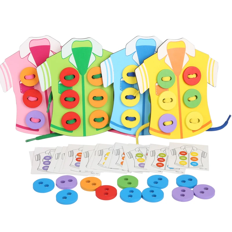 

Montessori Wooden Toys Clothes Wear Button Toys Early Childhood Education Thread Sewing Button Board Game Hand-eye Coordination