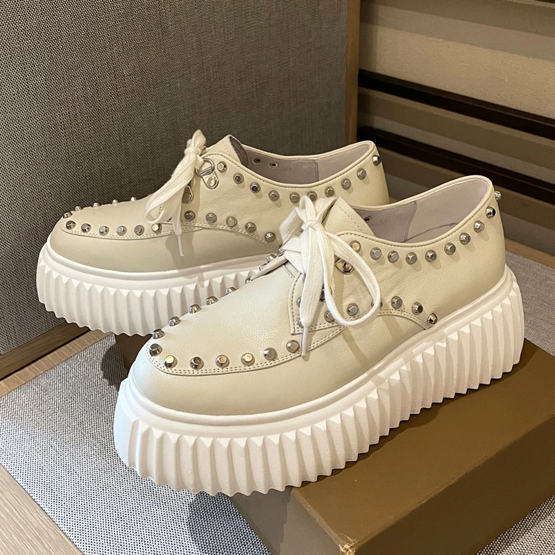 

Flat Platform Women Shoes 2021 Autumn New Lace-up Genuine Leather Versatile Thick Soled Single Shoes Rivet Increase Casual Shoes